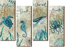 4 Pieces Beach Bathroom Decor Wall Sign Ocean Decor Sea Turtle Wall Art Nautical