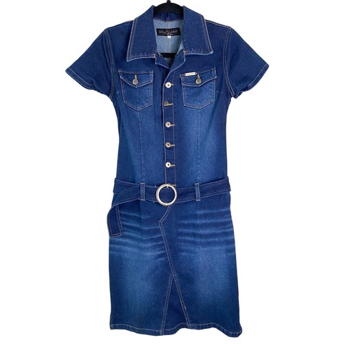 Baby Phat Y2K Denim Mini Dress M Blue Jean Belted Embroidered Cat Fitted Rare