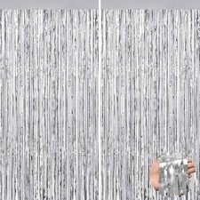 2Pack Foil Curtain Backdrop Silver Metallic Tinsel Foil Fringe Curtains Photo