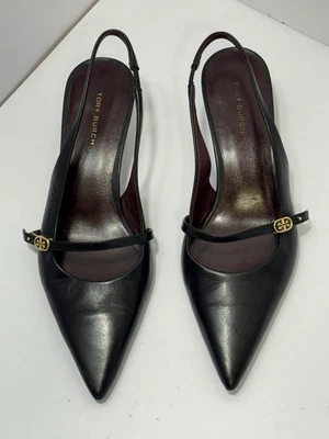 Tory Burch Slingback Heels Black Leather Pointed Toe Gold Logo - Image 1 of 4