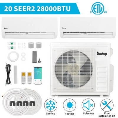 28000 BTU 2 Zone Mini Split Heat Pump Air Conditioner 9K +18K BTU W/Wifi &Remote