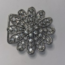 Twelve Petals Rhinestone Flower Belt Buckle Silver Tone