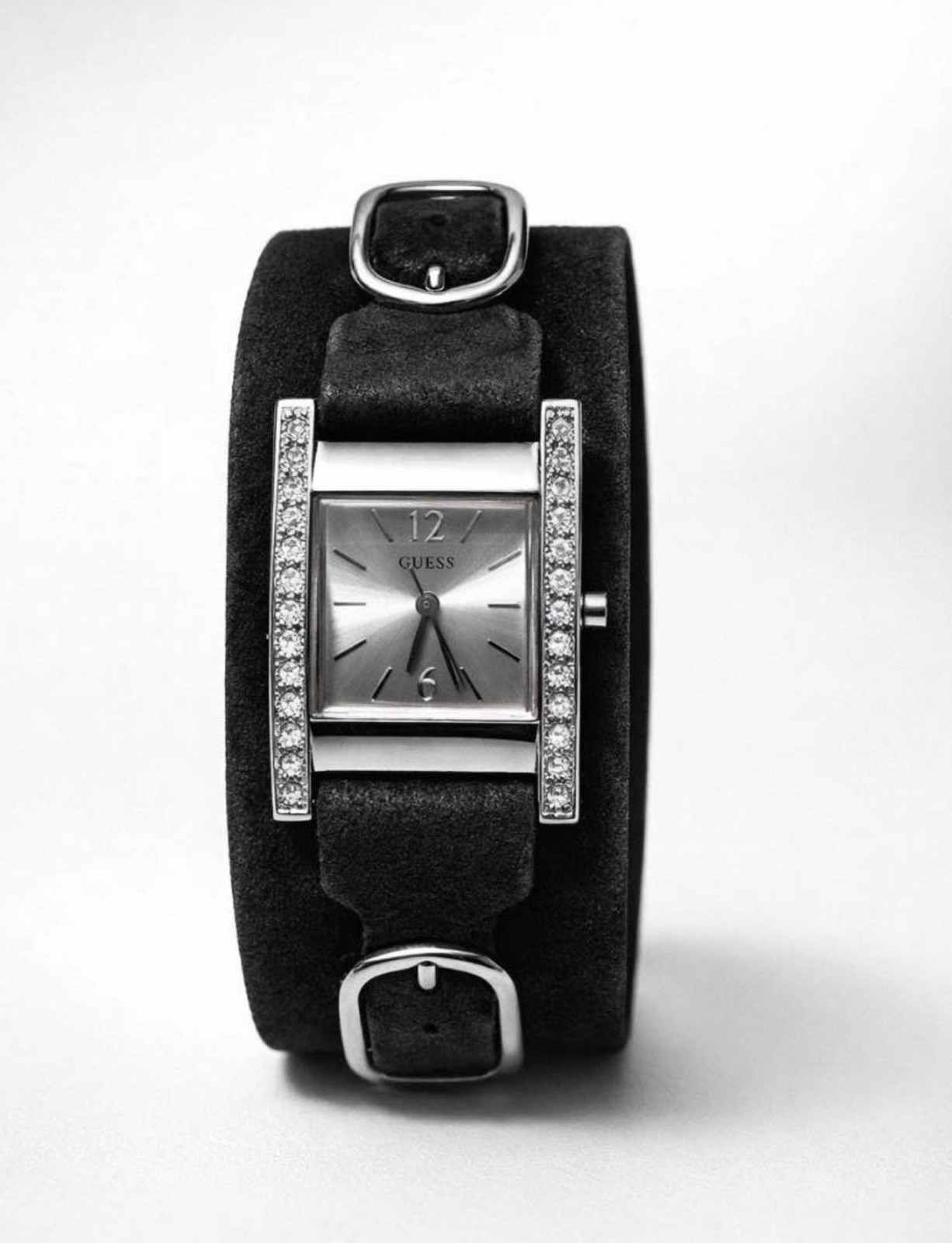 Guess Quartz Watch With ~ New Battery ~ Black Suede Leather Band VTG