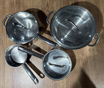 Wolfgang Puck Cafe Collection 18/10 Stainless Pot Set 8pc 1 Steamer 3 Lids 4 Pot