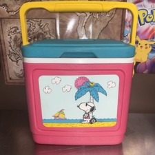 Enfriador vintage Igloo 10 Snoopy Peanuts años 90 tropical playa tema verde azulado rosa ¡Raro!