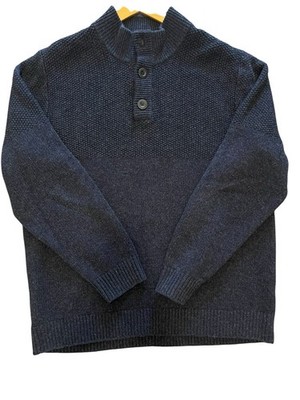 LL Bean Henley Sweater Mens Navy 100% Lambs Wool Mock Neck Button XL Grandpa