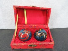 Chinese Cloisonne Baoding Balls Set With Red Brocade Box Dragon - Box Damaged