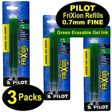 Pilot FriXion Refills 12511, Green Erasable Gel Ink, 0.7mm Fine, 3 Packs