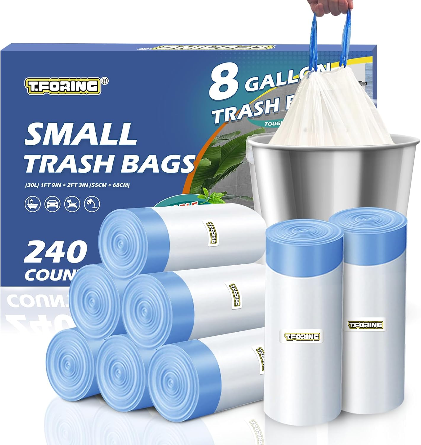 240 Count 8 Gallon Trash Bags Drawstring - 1.2 Mil White Medium Garbage Bags Uns
