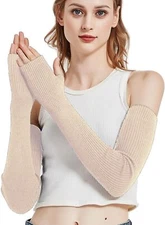 Novawo Wool Blend Warm Arm Warmers Super Soft Long Fingerless Gloves Beige 