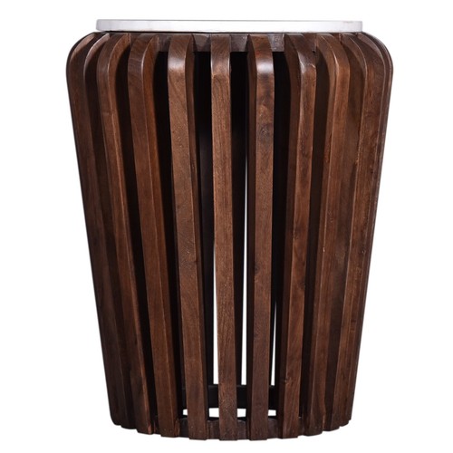 19 in. Round Brown Acacia Wood End Table w/ Marble Top Living Room Side Table - Picture 2 of 5