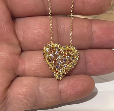 14K GELBGOLD ÜBER STERLINGSILBER HERZ HALSKETTE MIT MEHRFARBIGEN STEINEN