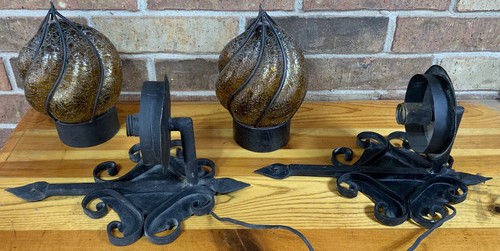 Pair Vintage Wall Light Sconces Iron Spanish Gothic Caged Glass Amber Crackle - Picture 10 of 24