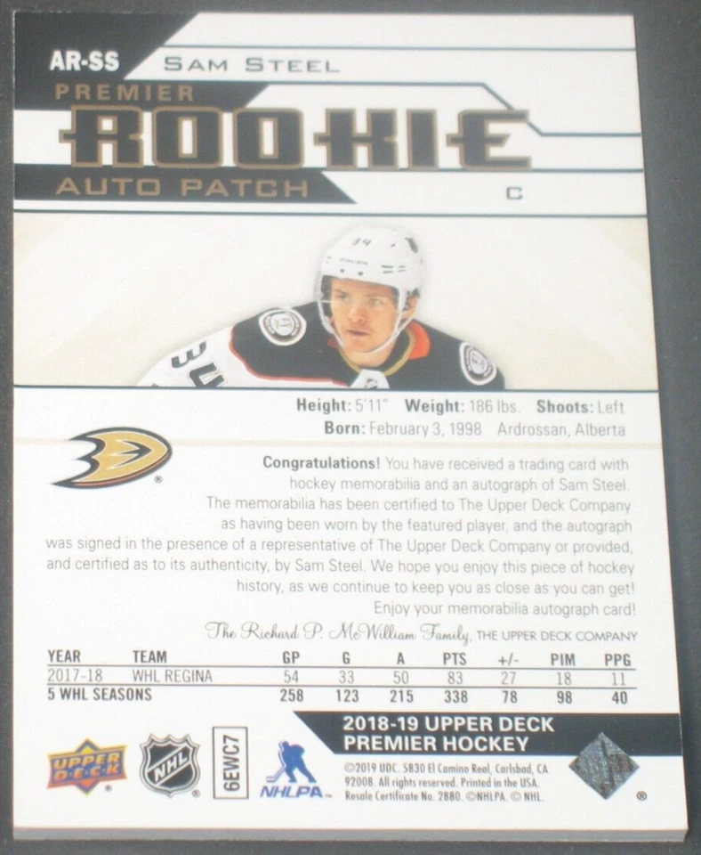 Sam Steel 2018-19 Upper Deck Premier Rookie Autograph Patch (70/99) Ducks Stars - Image 2 of 2