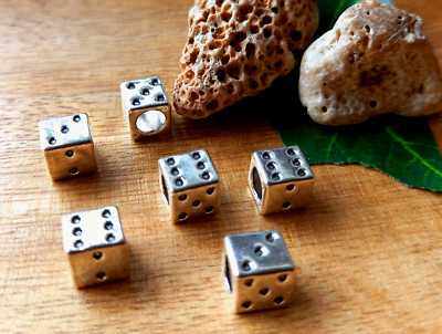 6 Motivperlen   Würfel Metall silberfarben Großlochperlen DIY Schmuck (35)