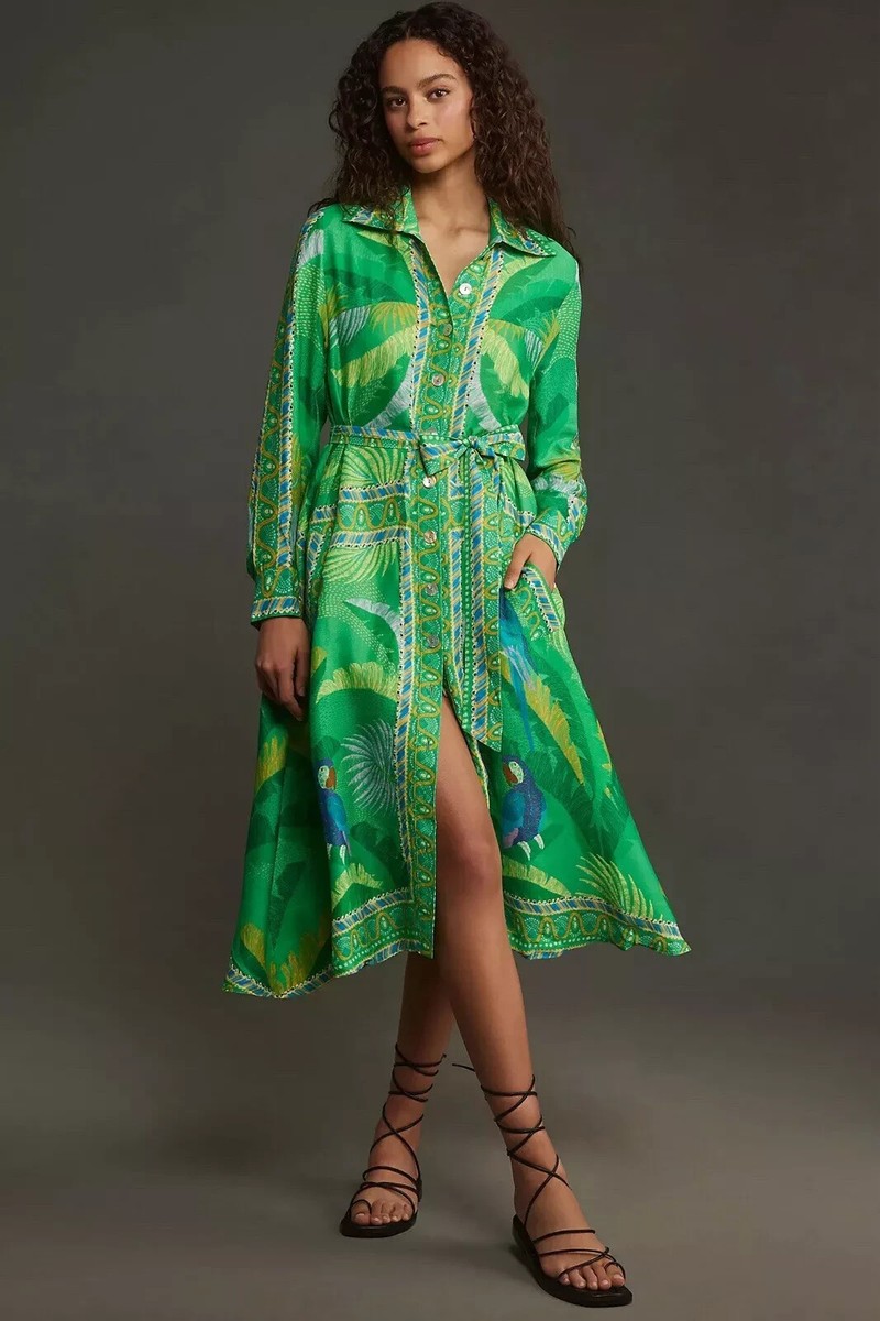 New Farm Rio Anthropologie Green Macaw Scarf Viscose Chemise Dress