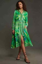 New Farm Rio Anthropologie Green Macaw Scarf Viscose Chemise Dress Size L NWT