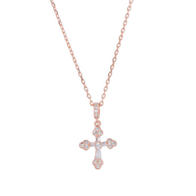 Rose Gold 925 Sterling Silver Cubic Zirconia CZ Cross Pendant Necklace Chain B35