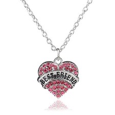 BEST FRIEND SILVER NECKLACE WITH SHINY STUDDED PINK CRYSTAL HEART NECKLACE KC39
