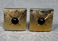 Vintage Brushed Finish Onyx Bead Yellow Gold Plated Cuff Links