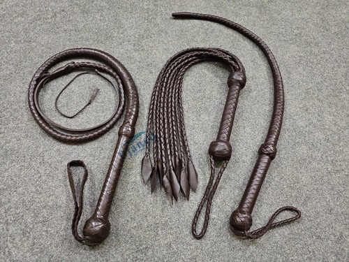 Top Cowhide Leather Set 4 Feet Bullwhip 31'' Kinky Whip & 9 Tails Stingy Flogger - Picture 4 of 26