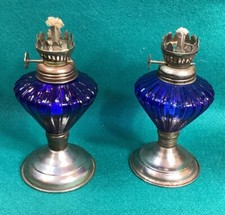 Cobalt Blue Etched Glass Oil Lamps 7 Tall Made in Hong Kong 2
