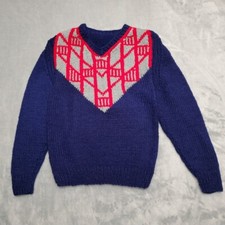 Vintage Handknit Sweater Kids Womens Wool Blue Gray Red Ski Winter Classic Retro