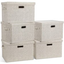 Large 17" 36 Quart Collapsible Stackable Storage Bins with Lids, 5 Packs Beig...