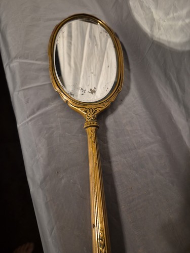 Antique Bronze Vanity Hand Mirror Victorian Monogram Collectible Preown