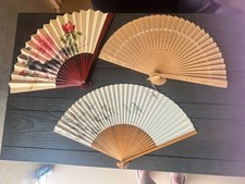 Lot Of 3 Vintage Various Sized HandHeld Fans Folding Wood Bamboo 8  to 9"