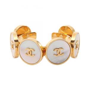Authentic CHANEL COCO Mark Bangle Bracelet Gold Plated Shell GHW White Used Women