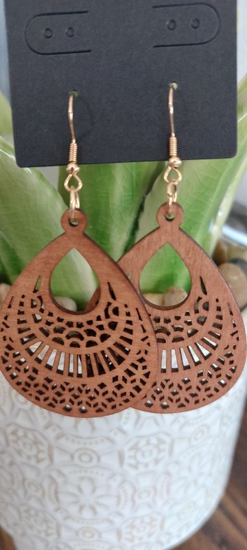 Large Teardrop Shaped Boho Chic Drop Dangle Trellis Carved Wood Fashion Earrings