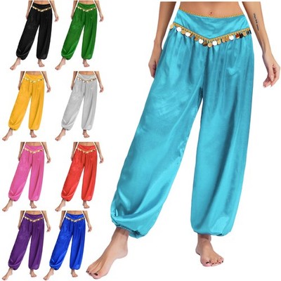 DE Damen Aladinhose Lang Haremshose Pumphose Satin Hose Halloween Kostüm Hosen