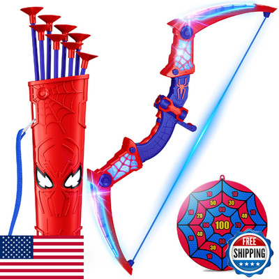 Spider Toy Bow & Arrow Set for Boys, LED Lights, Quiver, 8 Suction Arrows, Targe
