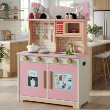 Pink Wooden Play Kitchen Set for Kids Pretend Playset with Storage