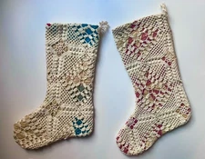 Pair Pink & Blue Vintage Primitive Quilt Filet Crochet Lace Christmas Stockings