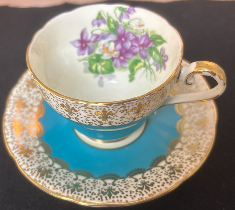 Aynsley Bone China Cup & Saucer - number C958 - Teal & Gold with Floral Design