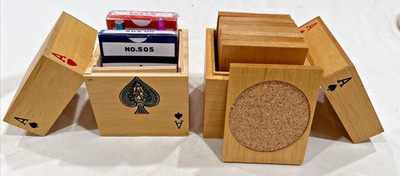 Vtg Matched Set Wooden Playing Card Box w/ 2 New Decks Cards & 8 Coasters