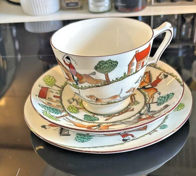2x Original Vintage Crown Staffordshire ''Jagdszene'' Tee Trios - Top Co
