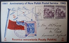 WW2 Poland Post Card 17th Dec 1942 Polish Postal Service 1st  Anniversary Used 