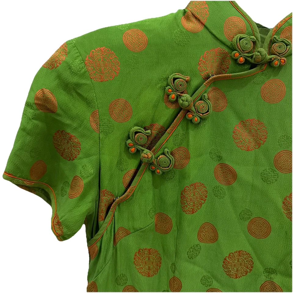 Vintage Green Patterned Silk Cheongsam Oriental Dress S Stretch Silk Qipao HANYI - Image 2 of 4