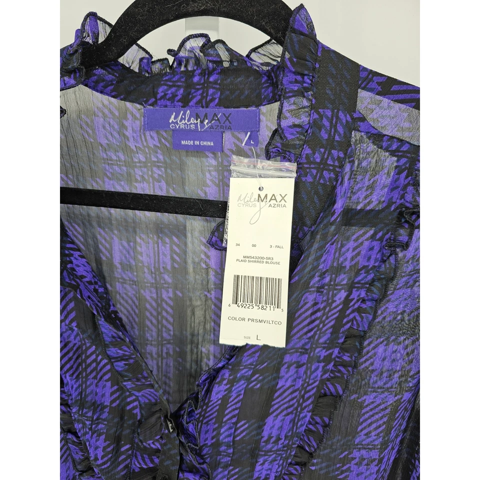 Top informal a cuadros negro púrpura manga larga con cuello en V de Miley Cyrus para mujer talla L Foto 3 de 4