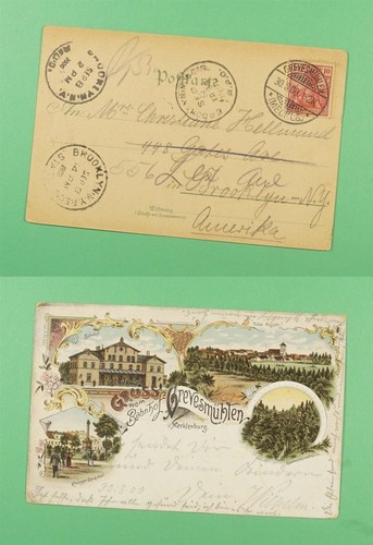 DR WER 1900 DEUTSCHLAND GRUSS VOM BAHNHOF GREVESMUHLEN POSTKARTE NACH USA R01334