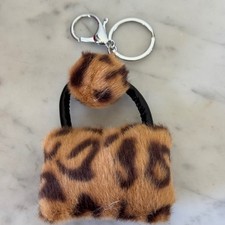 Leopard Print Faux Fur Mini Handbag Keychain Pom Pom Bag Charm Silver Tone Clasp