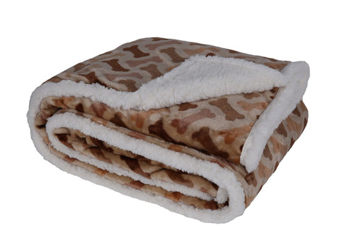 Printed Dog Bone Flannel Reverse to Sherpa Throw Blanket, Taupe, by Happycare...
