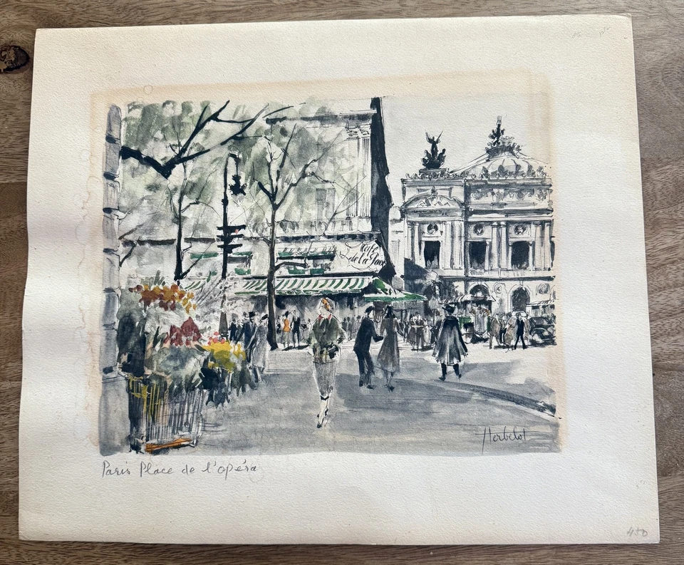 Litografía numerada acuarela Franz Herbelot París arte Place de l’Opéra opera  Foto 4 de 4