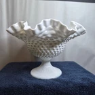 Fenton Hobnail Milk Glass Double Crimped Footed Compote Bowl 9.5 in w x 6.5 in t