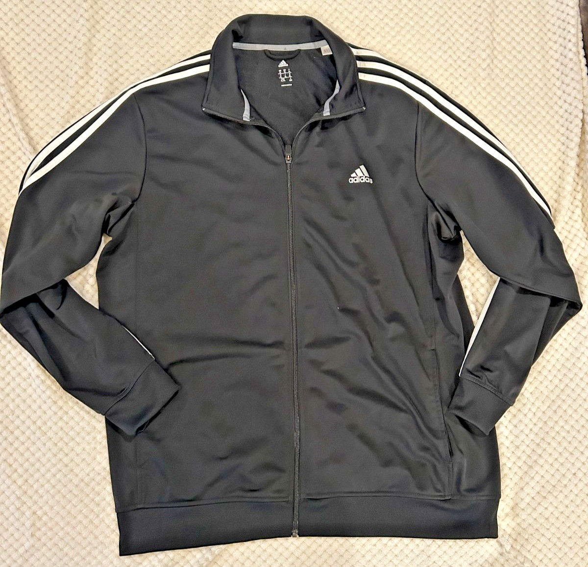 Adidas Men’s Track Jacket Full Zip Black White 3-Stripe Size XL