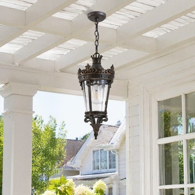 18'' Bronze Vintage Crown Outdoor Pendant Light Bubble Glass Porch Patio Fixture