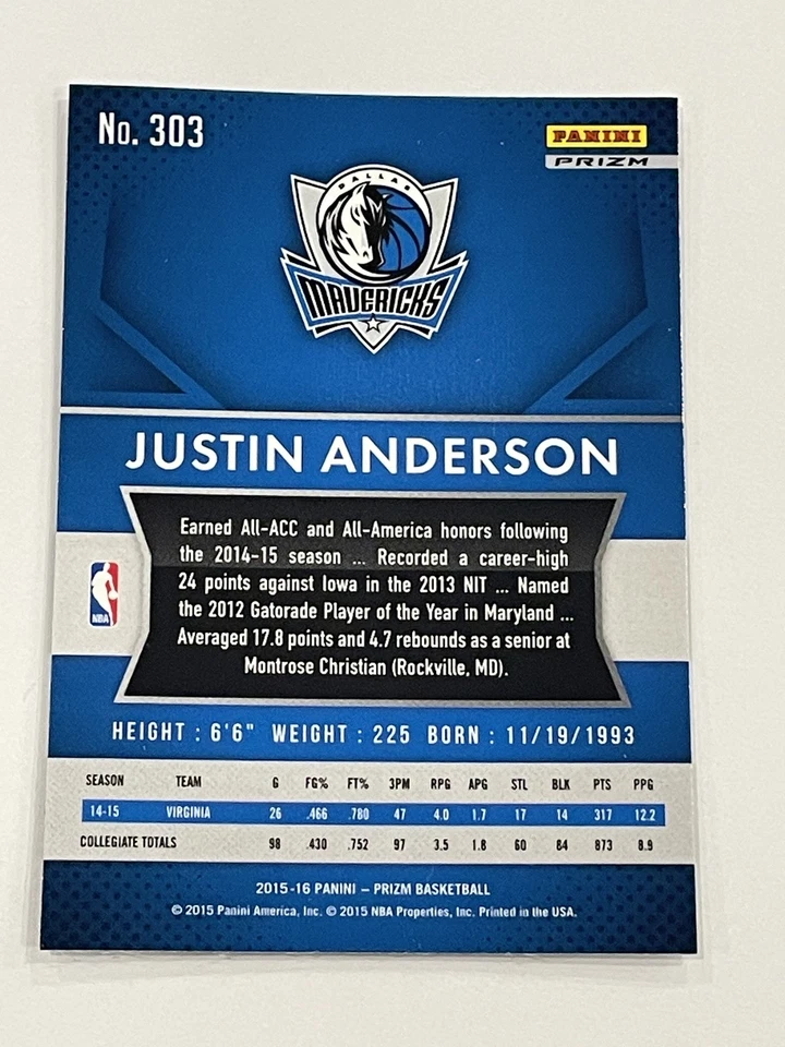 Baloncesto Prizm 2015-16 plateado #303 - Justin Anderson RC - Dallas Mavericks Foto 2 de 2